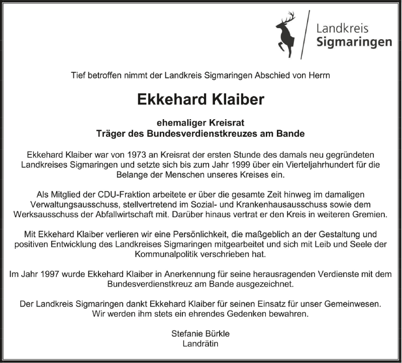  Traueranzeige für Ekkehard Klaiber vom 21.09.2021 aus Schwäbische Zeitung