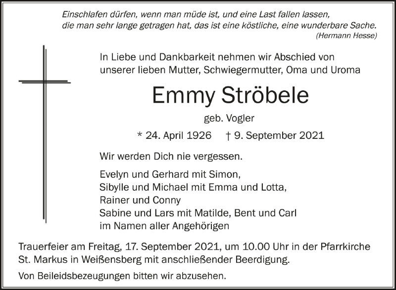  Traueranzeige für Emmy Ströbele vom 14.09.2021 aus Schwäbische Zeitung