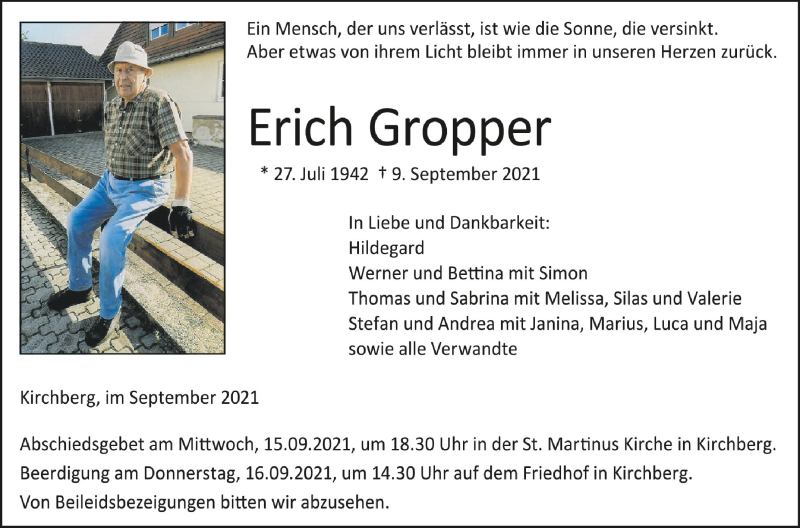  Traueranzeige für Erich Gropper vom 14.09.2021 aus Schwäbische Zeitung