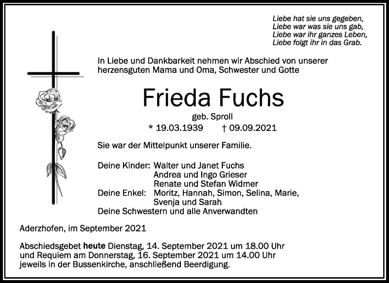  Traueranzeige für Frieda Fuchs vom 14.09.2021 aus Schwäbische Zeitung