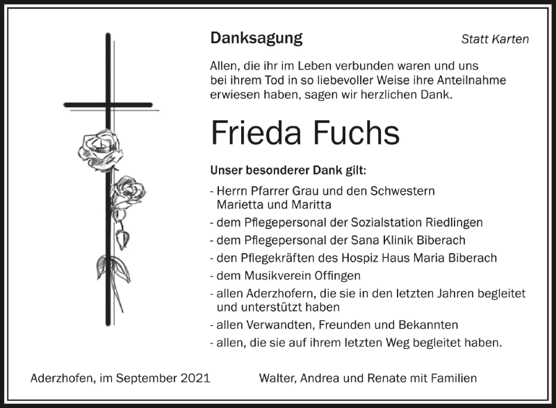  Traueranzeige für Frieda Fuchs vom 24.09.2021 aus Schwäbische Zeitung