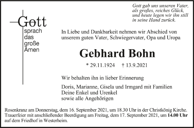  Traueranzeige für Gebhard Bohn vom 15.09.2021 aus Schwäbische Zeitung
