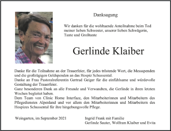 Anzeige von Gerlinde Klaiber von Schwäbische Zeitung