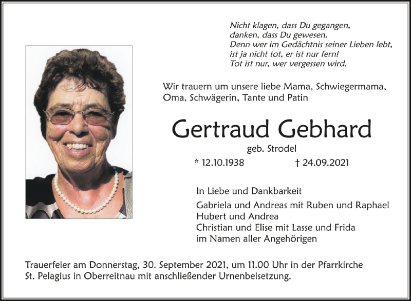  Traueranzeige für Gertraud Gebhard vom 28.09.2021 aus Schwäbische Zeitung