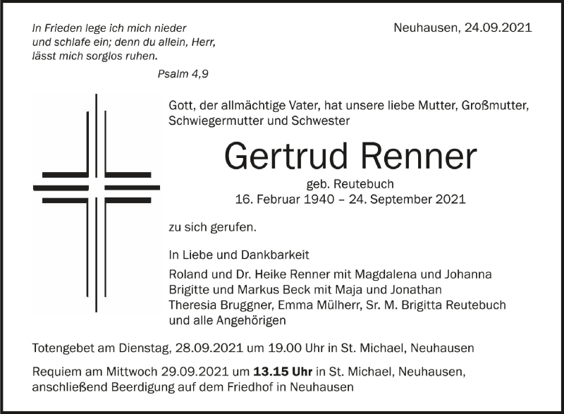  Traueranzeige für Gertrud Renner vom 27.09.2021 aus Schwäbische Zeitung