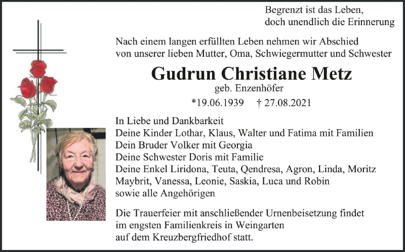 Traueranzeigen von Gudrun Christiane Metz | schwaebische.de Trauerportal