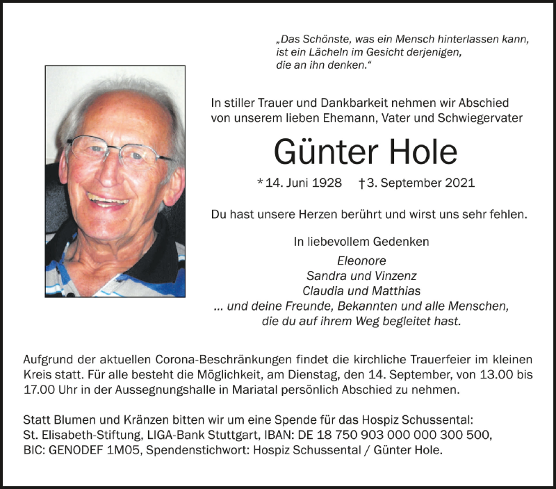  Traueranzeige für Günter Hole vom 08.09.2021 aus Schwäbische Zeitung