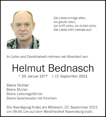 Anzeige von Helmut Bednasch von Schwäbische Zeitung