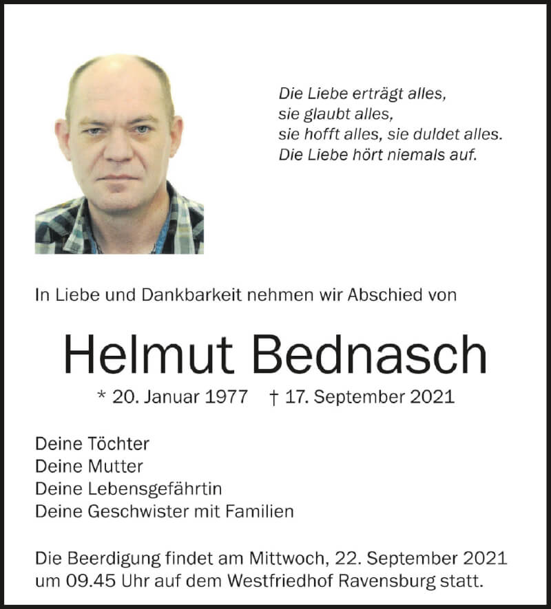  Traueranzeige für Helmut Bednasch vom 20.09.2021 aus Schwäbische Zeitung