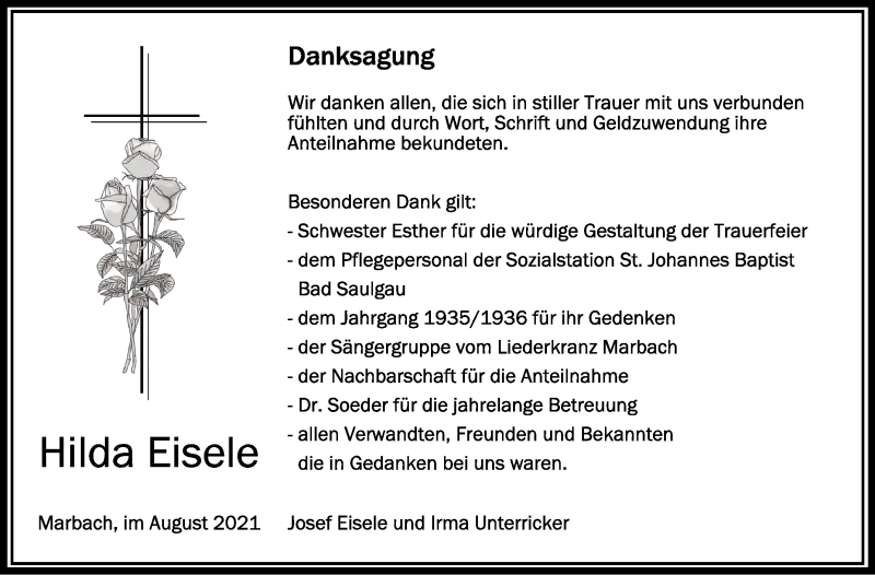  Traueranzeige für Hilda Eisele vom 01.09.2021 aus Schwäbische Zeitung