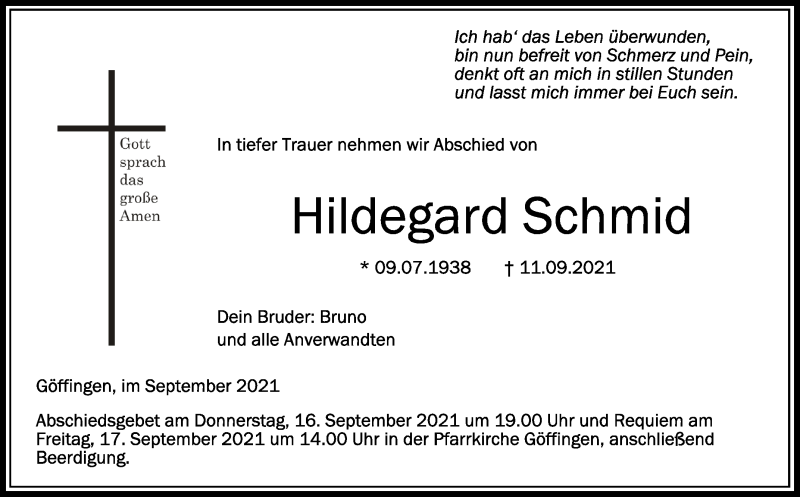 Traueranzeige für Hildegard Schmid vom 15.09.2021 aus Schwäbische Zeitung