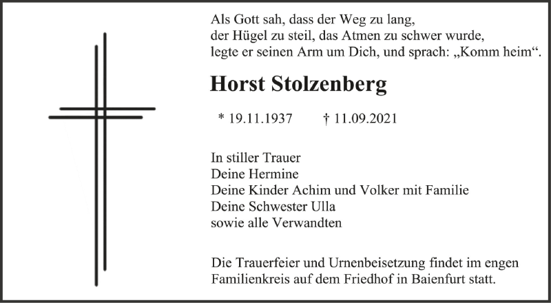  Traueranzeige für Horst Stolzenberg vom 15.09.2021 aus Schwäbische Zeitung
