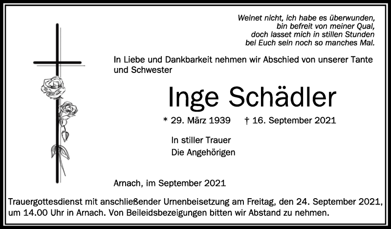  Traueranzeige für Inge Schädler vom 21.09.2021 aus Schwäbische Zeitung