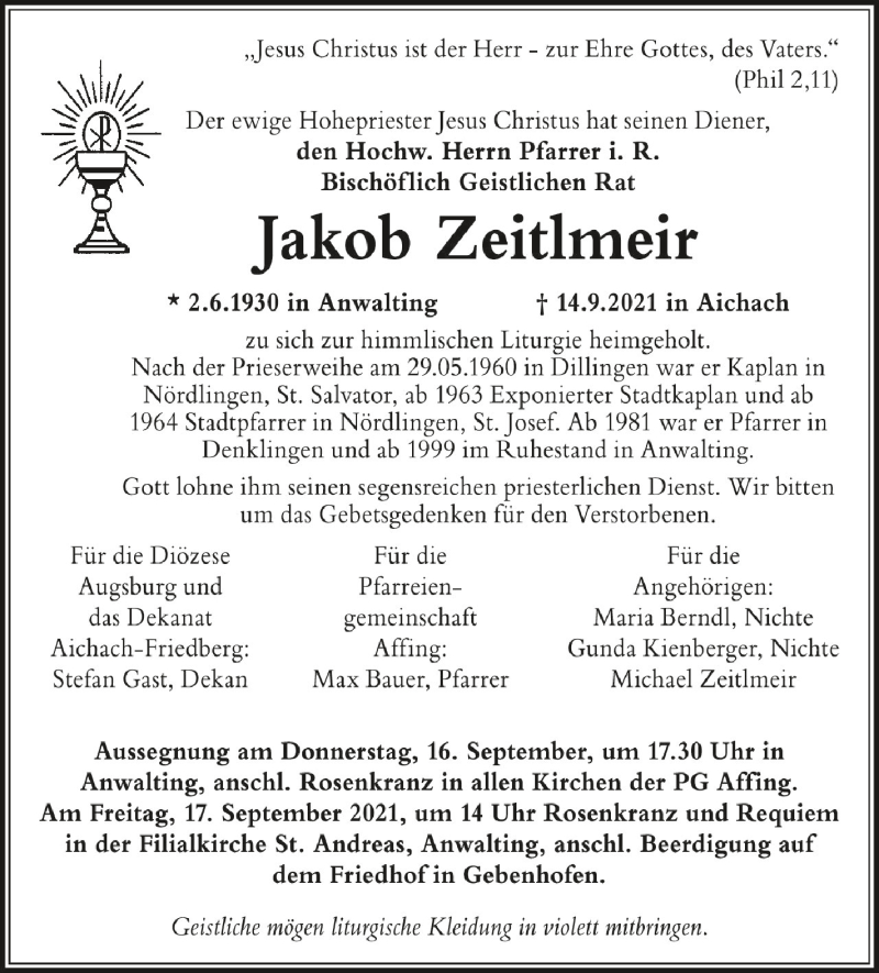  Traueranzeige für Jakob Zeitlmeir vom 15.09.2021 aus Schwäbische Zeitung