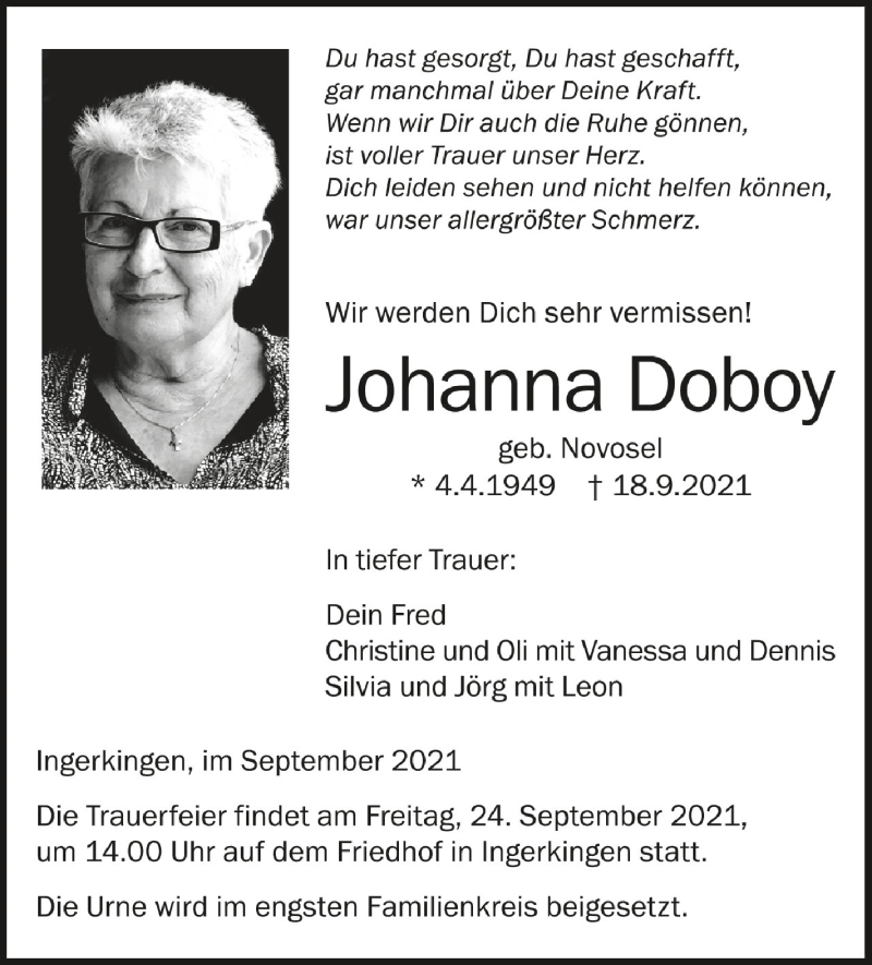  Traueranzeige für Johanna Doboy vom 21.09.2021 aus Schwäbische Zeitung