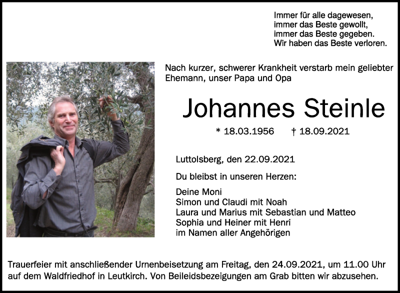  Traueranzeige für Johannes Steinle vom 22.09.2021 aus Schwäbische Zeitung