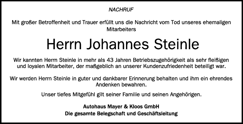  Traueranzeige für Johannes Steinle vom 25.09.2021 aus Schwäbische Zeitung