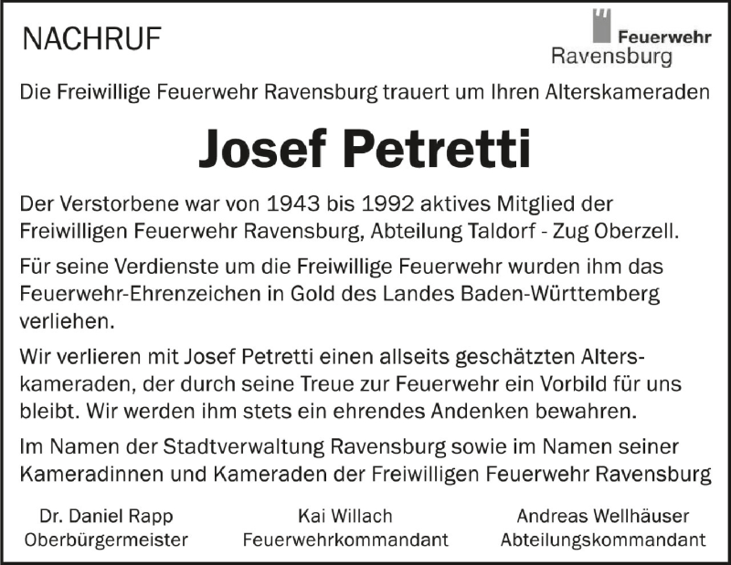  Traueranzeige für Josef Petretti vom 15.09.2021 aus Schwäbische Zeitung