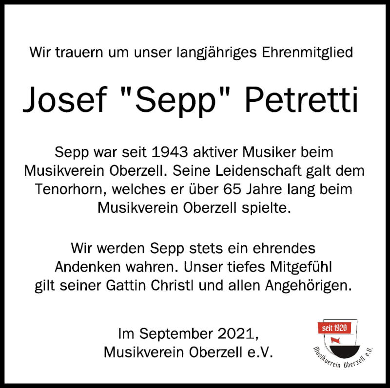  Traueranzeige für Josef Petretti vom 17.09.2021 aus Schwäbische Zeitung