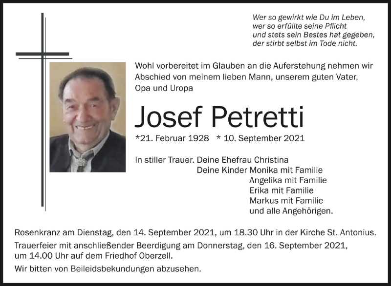  Traueranzeige für Josef Petretti vom 14.09.2021 aus Schwäbische Zeitung
