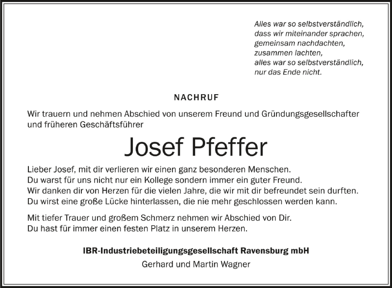  Traueranzeige für Josef Pfeffer vom 30.09.2021 aus Schwäbische Zeitung