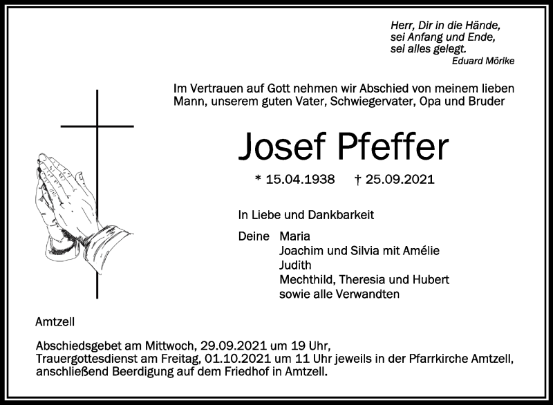  Traueranzeige für Josef Pfeffer vom 28.09.2021 aus Schwäbische Zeitung