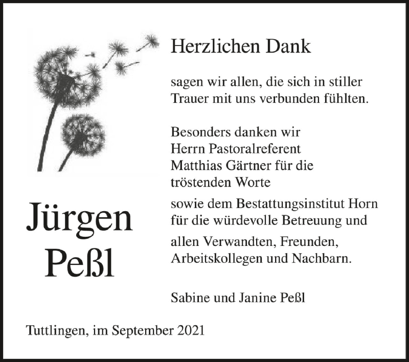  Traueranzeige für Jürgen Peßl vom 03.09.2021 aus Schwäbische Zeitung
