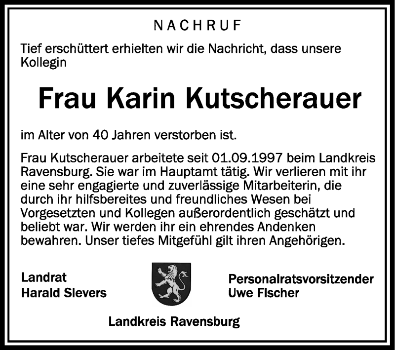  Traueranzeige für Karin Kutscherauer vom 28.09.2021 aus Schwäbische Zeitung