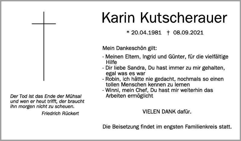  Traueranzeige für Karin Kutscherauer vom 25.09.2021 aus Schwäbische Zeitung