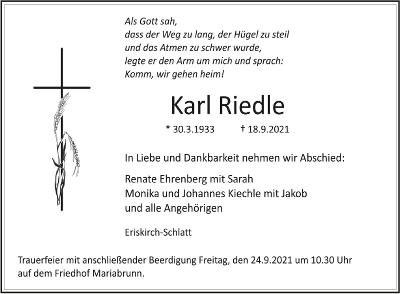  Traueranzeige für Karl Riedle vom 22.09.2021 aus Schwäbische Zeitung
