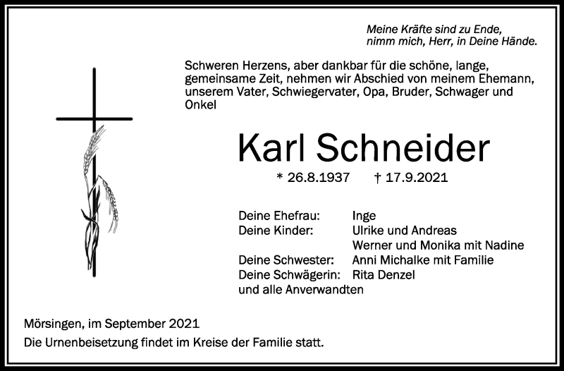 Traueranzeigen Von Karl Schneider | Schwaebische.de Trauerportal