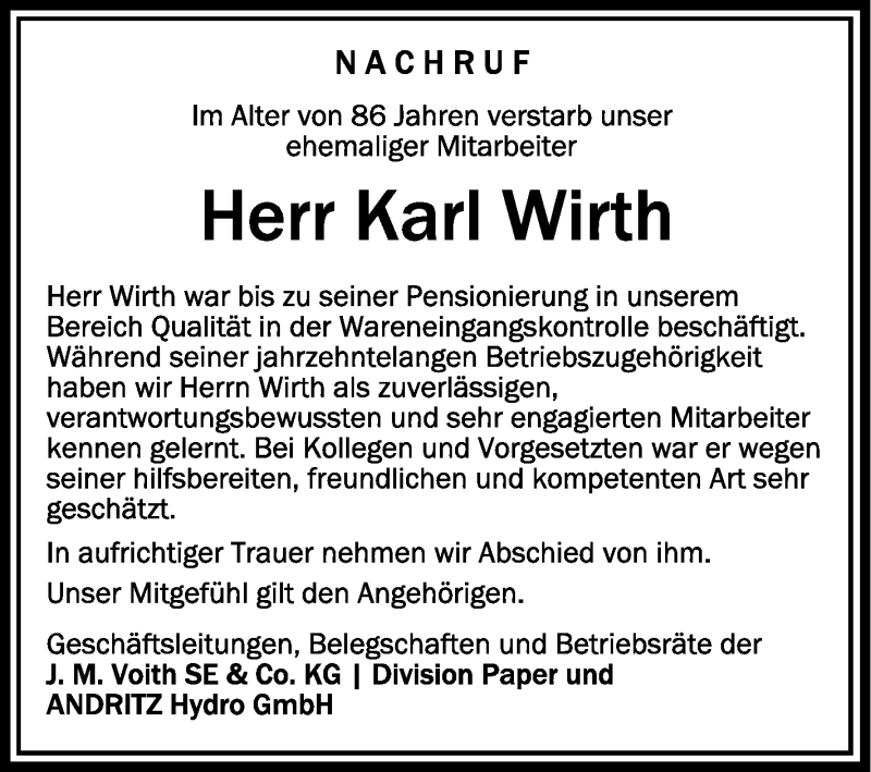  Traueranzeige für Karl Wirth vom 30.09.2021 aus Schwäbische Zeitung