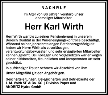 Anzeige von Karl Wirth von Schwäbische Zeitung