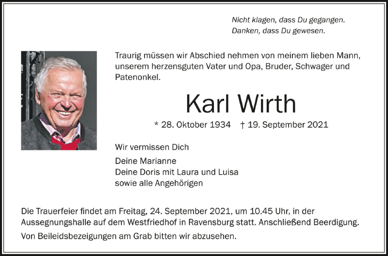  Traueranzeige für Karl Wirth vom 22.09.2021 aus Schwäbische Zeitung
