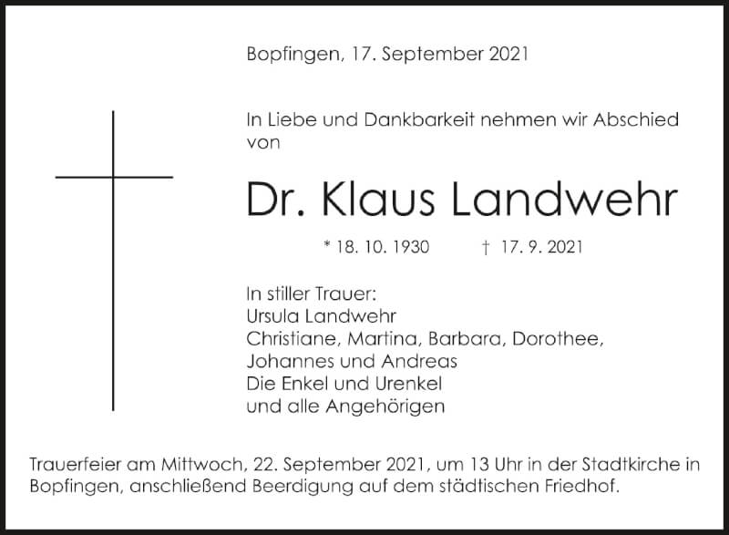  Traueranzeige für Klaus Landwehr vom 20.09.2021 aus Schwäbische Zeitung