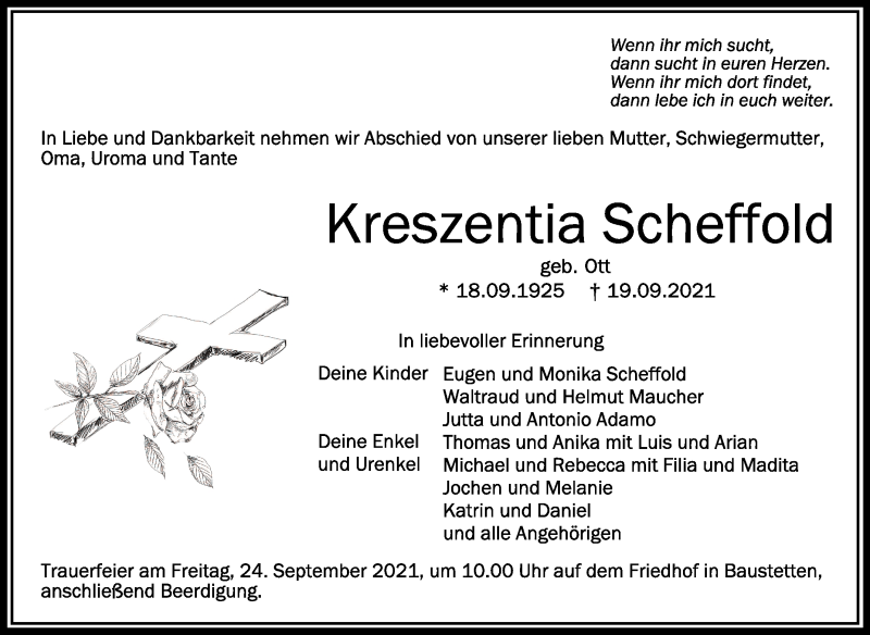  Traueranzeige für Kreszentia Scheffold vom 21.09.2021 aus Schwäbische Zeitung