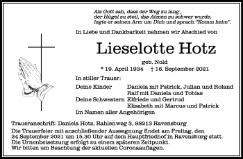 Anzeige von Lieselotte Hotz von Schwäbische Zeitung