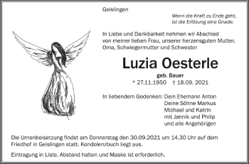 Anzeige von Luzia Oesterle von Schwäbische Zeitung