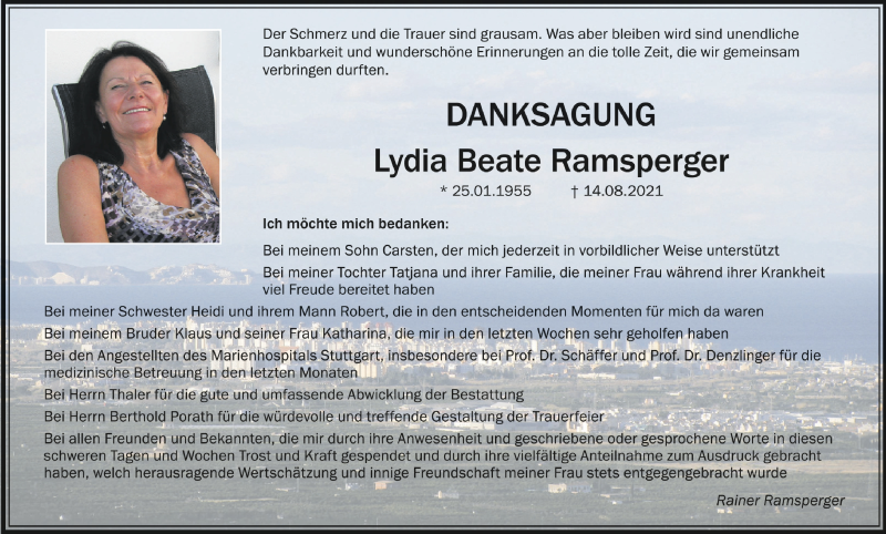  Traueranzeige für Lydia Beate Ramsperger vom 25.09.2021 aus Schwäbische Zeitung