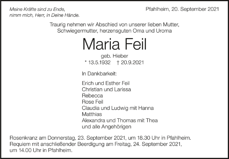  Traueranzeige für Maria Feil vom 22.09.2021 aus Schwäbische Zeitung