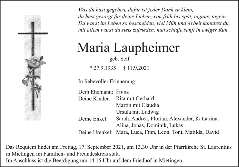 Traueranzeige für Maria Laupheimer vom 15.09.2021 aus Schwäbische Zeitung