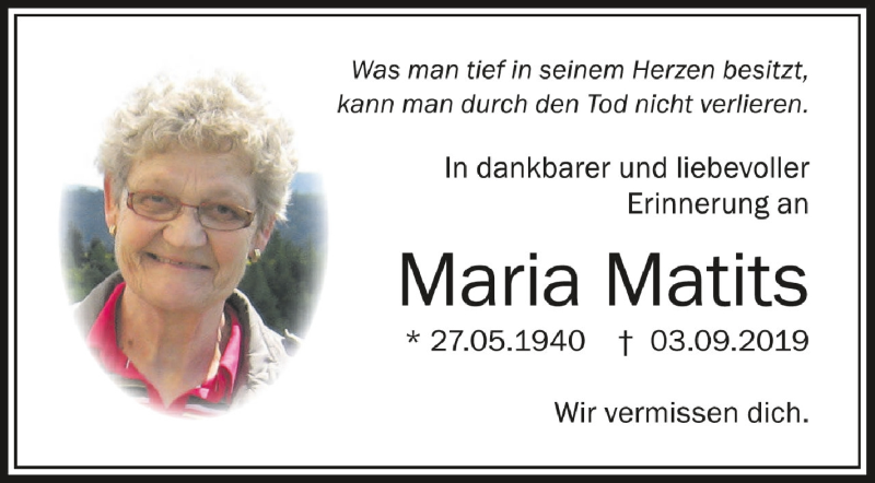  Traueranzeige für Maria Matits vom 03.09.2021 aus Schwäbische Zeitung