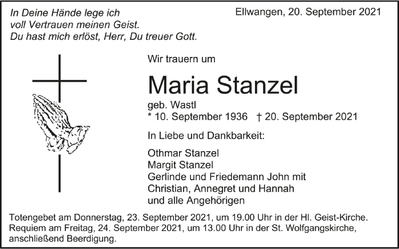  Traueranzeige für Maria Stanzel vom 22.09.2021 aus Schwäbische Zeitung