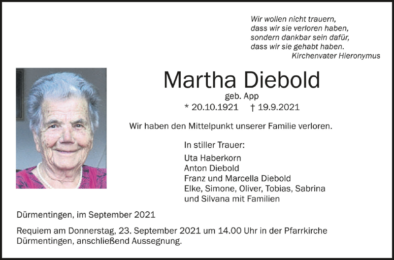  Traueranzeige für Martha Diebold vom 22.09.2021 aus Schwäbische Zeitung