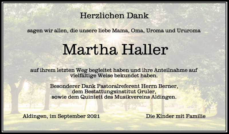  Traueranzeige für Martha Haller vom 07.09.2021 aus Schwäbische Zeitung