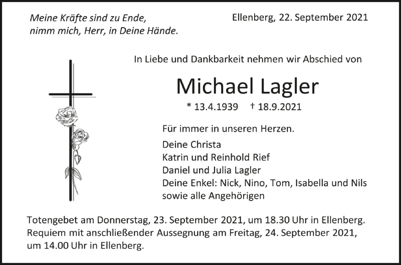  Traueranzeige für Michael Lagler vom 22.09.2021 aus Schwäbische Zeitung