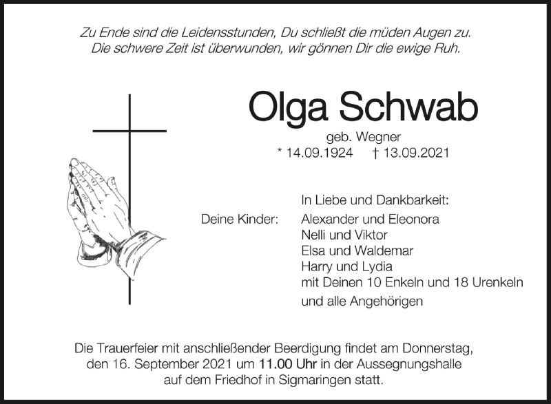  Traueranzeige für Olga Schwab vom 15.09.2021 aus Schwäbische Zeitung