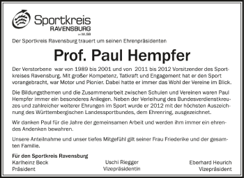 Anzeige von Paul Hempfer von Schwäbische Zeitung