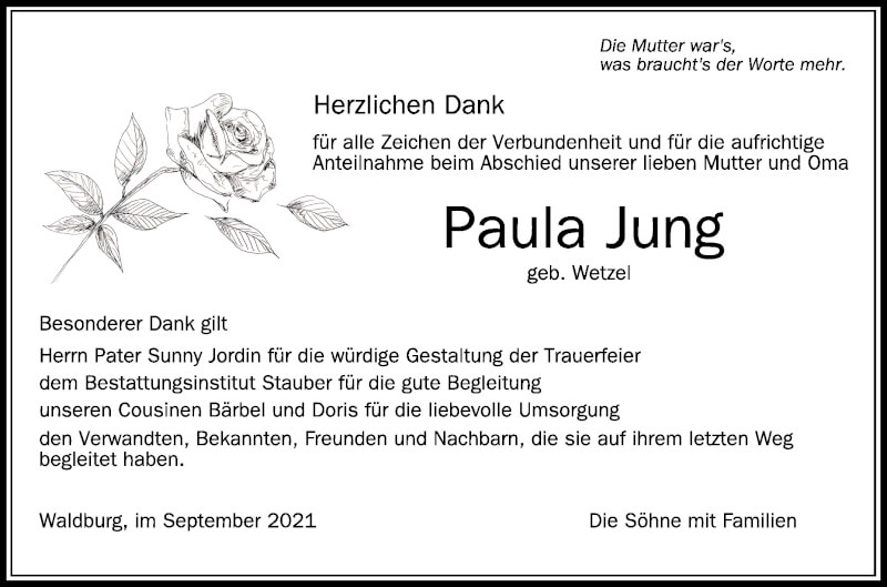  Traueranzeige für Paula Jung vom 18.09.2021 aus Schwäbische Zeitung