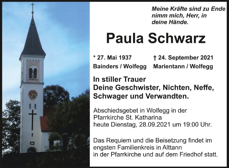  Traueranzeige für Paula Schwarz vom 28.09.2021 aus Schwäbische Zeitung